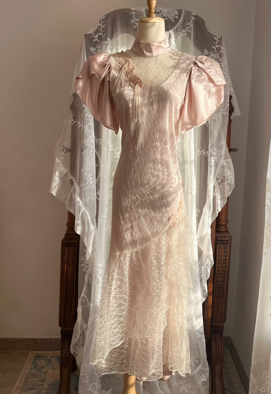 Blush Pink Vintage Lace Mermaid Gown, High Neck Satin Flutter Sleeve Evening Dress gh9348