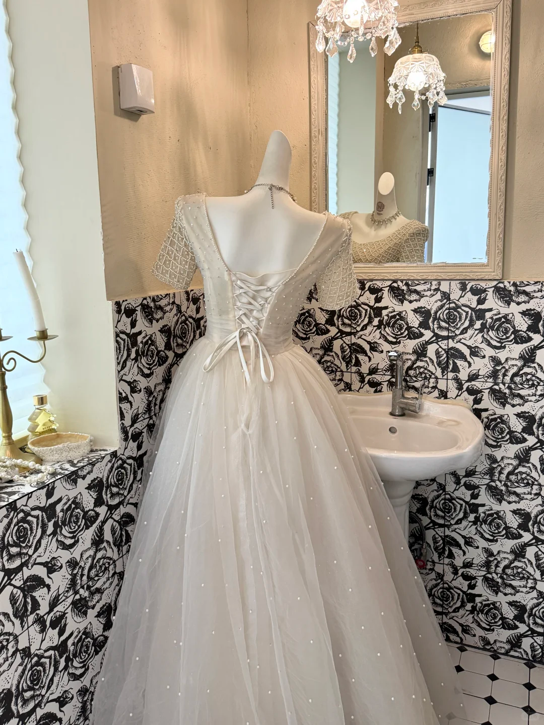 Ivory Beaded Bodice Waist-Cinched Full Flared Elegant Vintage Romantic Dress, Wedding Gown gh7592
