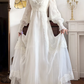 Ivory Vintage Chiffon Wedding Gown, High Neck Lace Illusion V‑Neck, Lace Puff Long Sleeves, Lace Appliqué Empire Waist, Overlay Lace Outer Skirt, Flowy Floor‑Length Full Skirt, Scalloped Lace Hem, Bridal Prom Dress gh8739