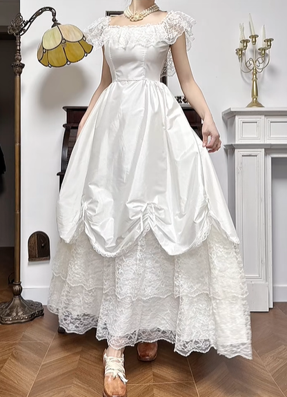 Ivory Vintage Satin Wedding Gown, Square Neck With Lace Flutter Sleeves, Fitted Waist, Outer Ruched Bow Satin Over‑Skirt, Inner Multi‑Tier Lace Cake Layered Long Skirt, Bridal Prom Dress gh8756