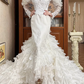 White Vintage Mermaid Wedding Gown, Mock Neck Illusion Tulle Sweetheart Neck, 3D Ruffle Puff Shoulders, Sheer Lace Long Sleeves, Embroidered Lace Appliqués Fitted Bodice, Multi‑Layer Ruffle Mermaid Long Train, Prom Dress gh8661