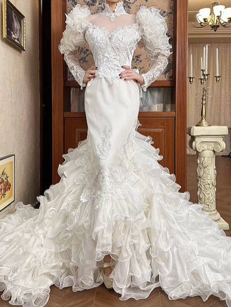 White Vintage Mermaid Wedding Gown, Mock Neck Illusion Tulle Sweetheart Neck, 3D Ruffle Puff Shoulders, Sheer Lace Long Sleeves, Embroidered Lace Appliqués Fitted Bodice, Multi‑Layer Ruffle Mermaid Long Train, Prom Dress gh8661