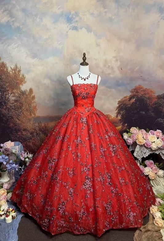 girlhomeshops – Rotes, zart besticktes, langes Tüll-Ballkleid mit Blumenmuster gh6292
