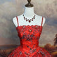 girlhomeshops – Rotes, zart besticktes, langes Tüll-Ballkleid mit Blumenmuster gh6292