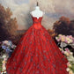 girlhomeshops – Rotes, zart besticktes, langes Tüll-Ballkleid mit Blumenmuster gh6292
