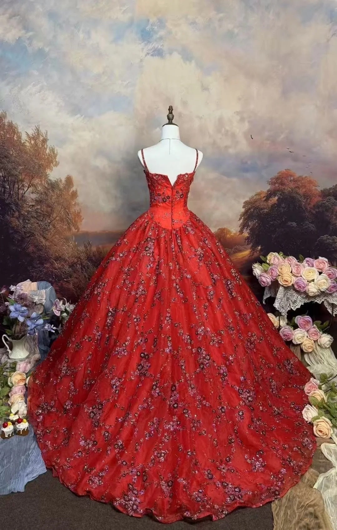 girlhomeshops – Rotes, zart besticktes, langes Tüll-Ballkleid mit Blumenmuster gh6292
