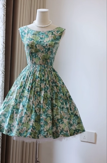 Vintage Boat Neck Sleeveless Floral Homecoming Dress Pleated Full A-Line Skirt Cocktail Gown gh9398