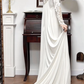 Ivory Vintage Soft Satin Wedding Gown, Lace‑Trimmed V‑Neck, Lace Inset Long Sleeves, Lace Appliqué Empire Waist, Draped Simple A‑Line Long Skirt, Lace Scalloped Hem, Short Train, Bridal Prom Dress gh8778