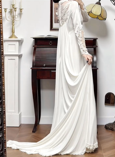 Ivory Vintage Soft Satin Wedding Gown, Lace‑Trimmed V‑Neck, Lace Inset Long Sleeves, Lace Appliqué Empire Waist, Draped Simple A‑Line Long Skirt, Lace Scalloped Hem, Short Train, Bridal Prom Dress gh8778