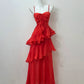 Rot Glänzend Elegante Mode Spaghetti Strap Lange Chiffon Rüschen Ballkleid Abendkleid Party Kleid Abendkleid gh3795