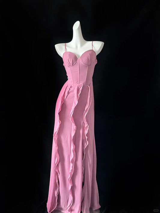 Robe de soirée longue en mousseline de soie rose, élégante et unique, à bretelles spaghetti, décolleté en cœur, à volants, longueur au sol, robe de bal, gh4075