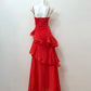 Rot Glänzend Elegante Mode Spaghetti Strap Lange Chiffon Rüschen Ballkleid Abendkleid Party Kleid Abendkleid gh3795