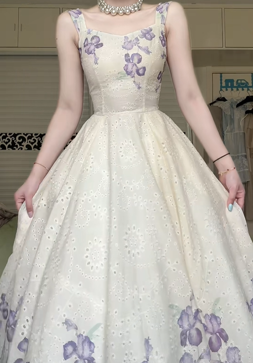 Ivory Purple Iris Print Midi Evening Gown, Square Sweetheart Neck Eyelet Embroidery A‑Line Formal Prom Dress gh8975