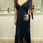 Navy Blue Sexy Vintage Elegant V-Neck Beaded Fitted Waist Prom & Evening Party Dress gh8438