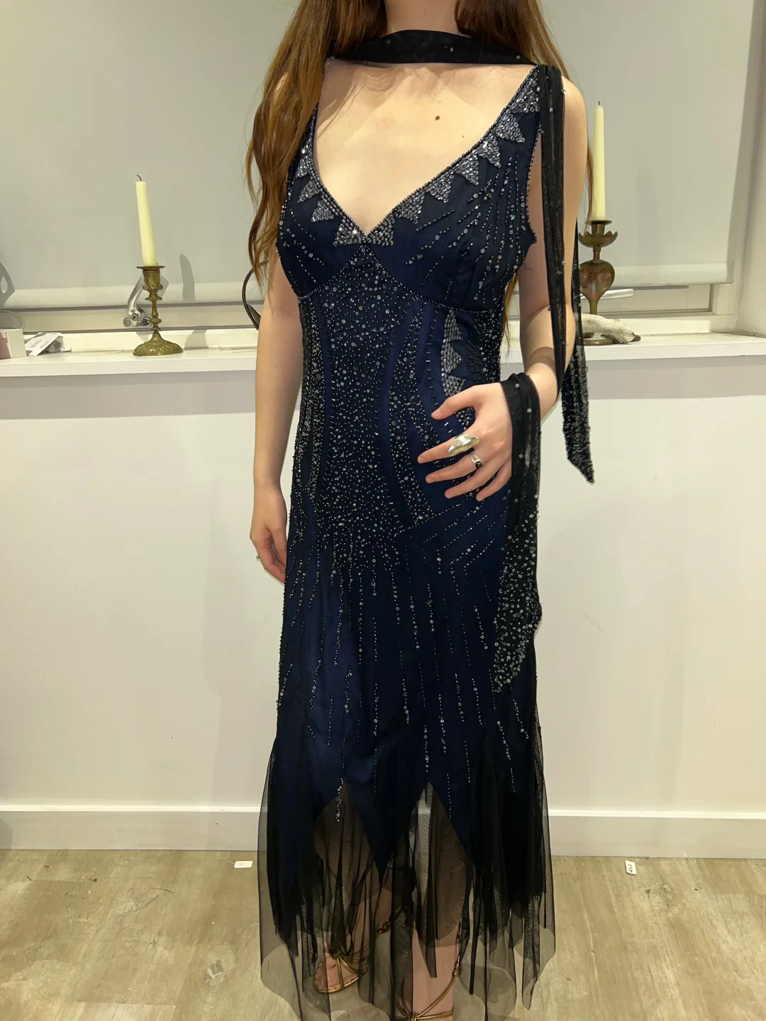 Navy Blue Sexy Vintage Elegant V-Neck Beaded Fitted Waist Prom & Evening Party Dress gh8438