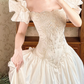 Vintage Long Prom & Wedding Dress, Off‑White Off‑the‑Shoulder Gown, Beaded Details, Fitted Waist, Palace‑Style Full Flared Skirt gh8592