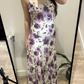 White Base Purple Vintage Print Spaghetti Strap Fitted Waist Slim Sexy Prom Gown, Evening Party Dress gh8449