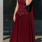 Halter Neck Burgundy Embellished Ball Gown | Vintage Luxury Cross-Pattern Train Maxi Dress for Gala Ball gh6475