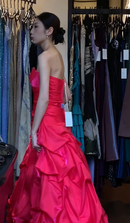 Hot Pink Strapless Sweetheart Long Formal Gown Rhinestone Tiered Ruffle Satin Ball Gown gh9659