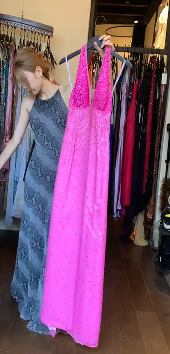 Hot Pink Halter Prom Dress Deep V Neck All Over Beaded Sequin Long Formal Evening Gown gh9840