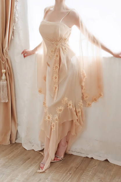 Women Champagne Long Evening Gown Spaghetti Straps 3D Floral Appliques Irregular Ruffled Skirt with Matching Shawl for Wedding Guest gh9563