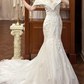 White Vintage Satin Mermaid Wedding Prom Dress, Off‑the‑Shoulder V‑Neck Lace Collar, Embroidered Lace Appliqués, Tulle Mermaid Long Train gh8693