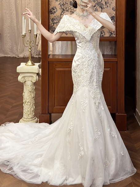 White Vintage Satin Mermaid Wedding Prom Dress, Off‑the‑Shoulder V‑Neck Lace Collar, Embroidered Lace Appliqués, Tulle Mermaid Long Train gh8693