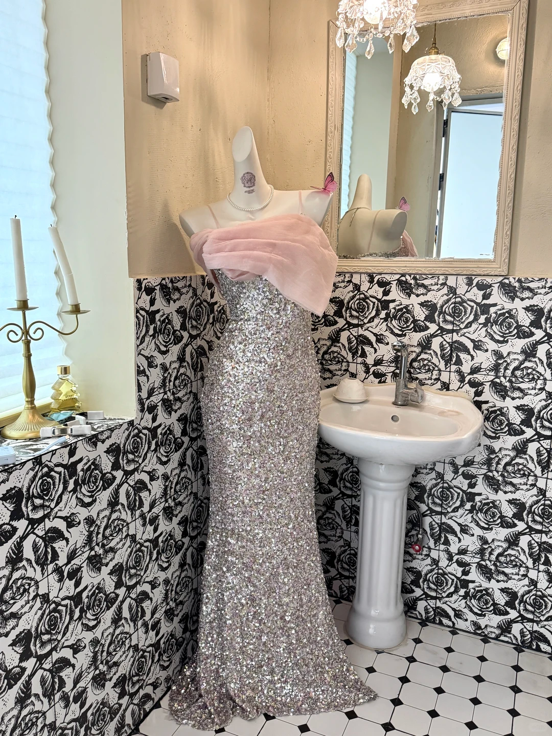 Silver Spaghetti Strap Waist-Cinched Fitted Sexy Sequin Romantic Dress, Wedding Gown gh7611
