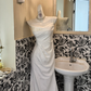 White Satin Spaghetti Strap Waist-Cinched Fitted Ruched Sexy Elegant Romantic Dress, Wedding Gown gh7587