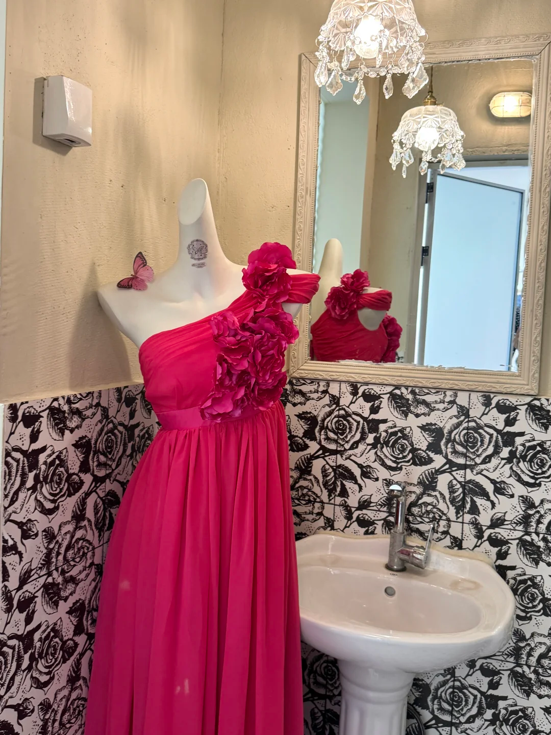 Magenta One-Shoulder Floral Design High Waist Slimming Romantic Dress, Wedding Gown gh7588
