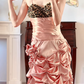 Dusty‑Pink‑Vintage Spaghetti‑Strap‑Sweetheart Black‑Gold‑Sequin‑Bodice Glossy‑Satin Ruched‑Gathered‑Skirt 3D‑Rose High‑Low‑Train Leopard‑Lining Evening Prom Gown gh8818