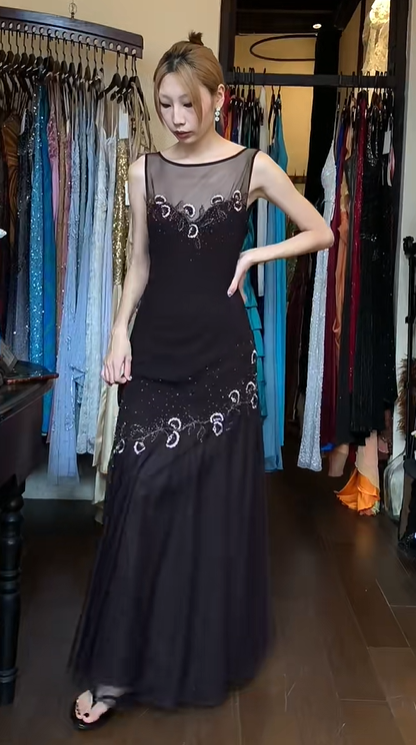Sleeveless Black Prom Dress Illusion Neck Hand Beaded Floral Embroidery Tulle Evening Gown gh9829