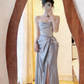 ✨Girlhomeshops-Silver Strapless Satin High Slit Mermaid Prom Dress gh10425