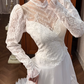 Ivory Vintage Lace Tulle Wedding Gown, High Neck Sheer Lace Over Sweetheart Neck, Long Lace Sleeves With Flared Cuffs, Multi‑Tiered Ruffle Lace Cake Skirt, Prom Dress gh8636