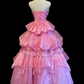 Pink Strapless Princess Ball Gown, Sweetheart Neck, Gold Stitching Beaded Corset Bodice, Multi‑Layer Ruffled Skirt With Lace Trim, Formal Prom Party Dress gh8911