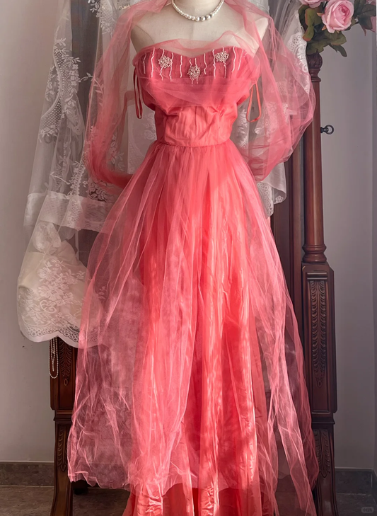 Watermelon Red Vintage Strapless Tulle Long Gown, Beaded A-Line Party Dress gh9303