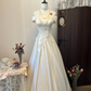 Weißes, zartes, florales Applikations-Lang-Satin-Ballkleid, Abendkleid, Brautkleid gh4292