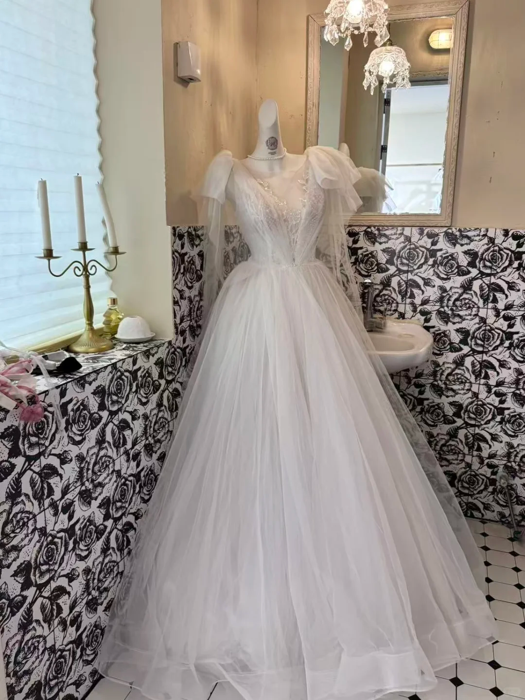 White Waist-Cinched Fitted Tulle Elegant Princess Vintage Romantic Dress, Wedding Gown gh7549