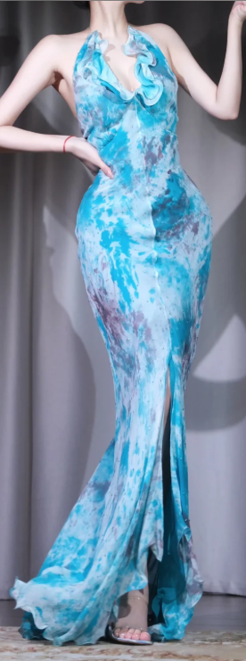 ✨Girlhomeshops-Blue Tie Dye Halter Ruffle Backless High Slit Mermaid Evening Dress gh10019