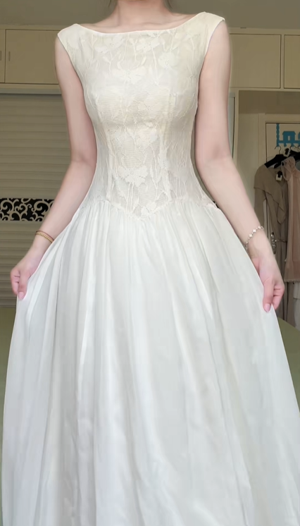 Off‑White Boat Neck Sleeveless Long Evening Gown, Floral Lace Bodice, Chiffon A‑Line Floor‑Length Skirt, Simple Vintage Bridal Dress gh8938