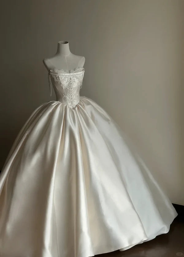 Girlhomeshops-White satin long elegant tulle wedding prom dress gh5435