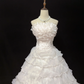 Blush Pink Strapless Dress With Lace Trim, Cinched Waist, Voluminous Tiered Skirt, Romantic Evening Dress & Wedding Gown gh8092