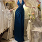 Robe de soirée longue en satin bleu à perles, élégante, gh4460