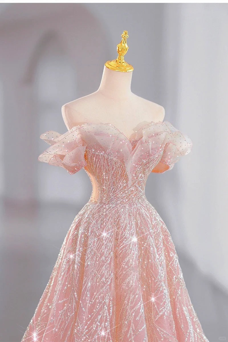 Rosa wunderschöne glänzende verträumte elegante Mode exquisite Perlen lange bodenlangen Schleppe Tüll Ballkleid Abendkleid gh4000