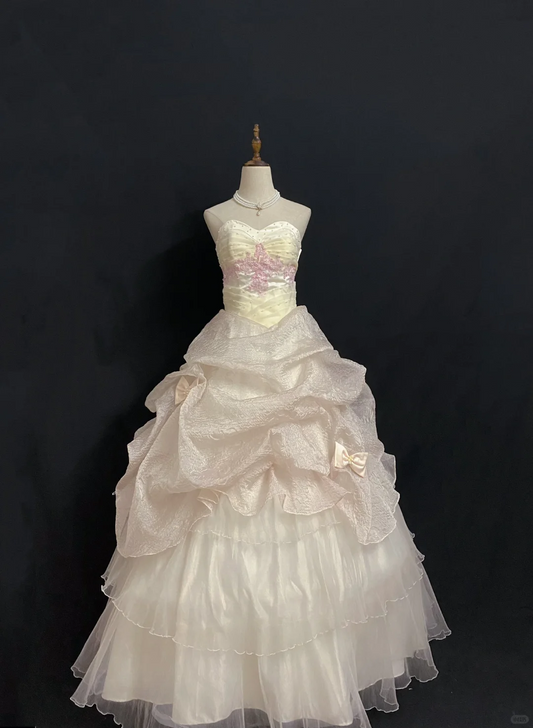 Light Apricot Strapless Long Elegant Romantic Wedding Dress, Cinched Waist, Voluminous Princess Skirt gh8317