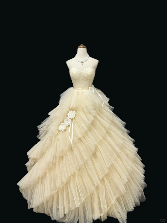 Light Yellow Strapless Cinched Waist Voluminous Tiered Skirt Long Romantic Dress, Wedding Gown gh7956