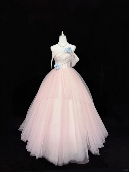 Blush Pink Strapless Simple Cinched Waist Voluminous Princess Skirt Long Romantic Dress, Wedding Gown gh7916