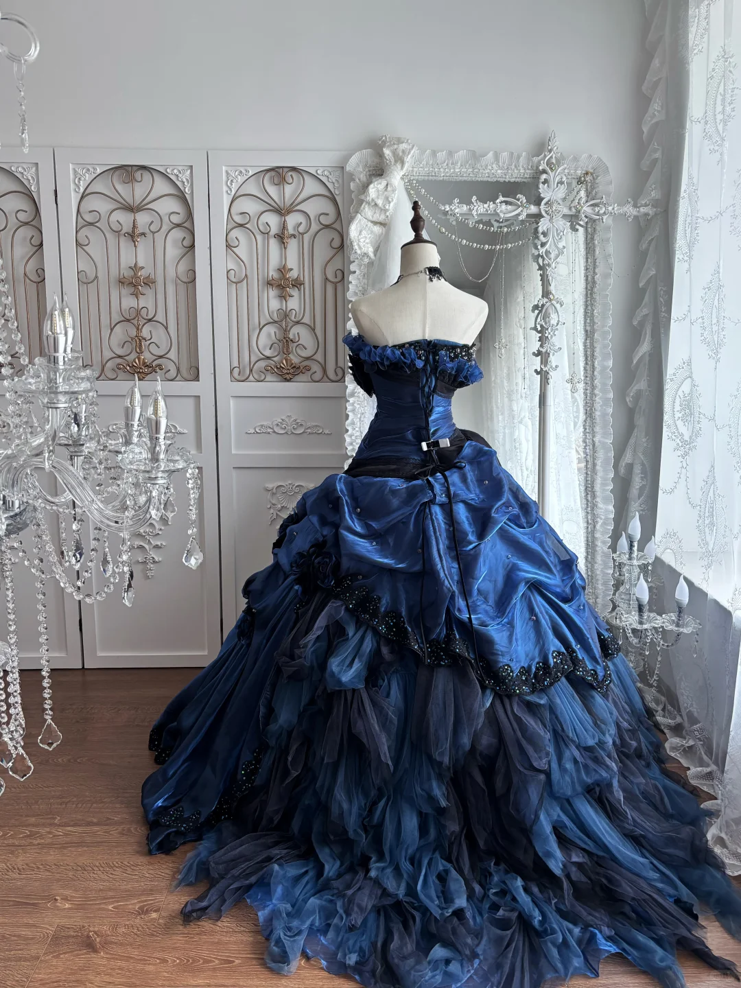 Dark Blue Strapless Fitted Waist Voluminous Tiered Cake Skirt Prom Gown & Evening Gown gh7348