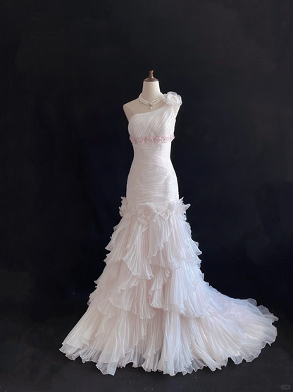 Blush Pink One-Shoulder Long Romantic Gown, Fitted Waist & Bodycon Slim Fit, Sexy Style, Wedding Dress & Bridal Gown gh8136