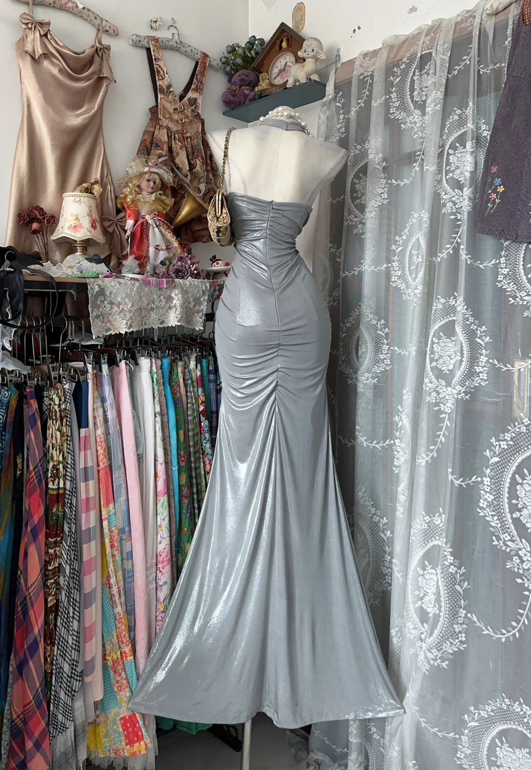 Grey Halter Neck Waist-Cinched Bodycon Sexy Long Evening Party Gown gh7193